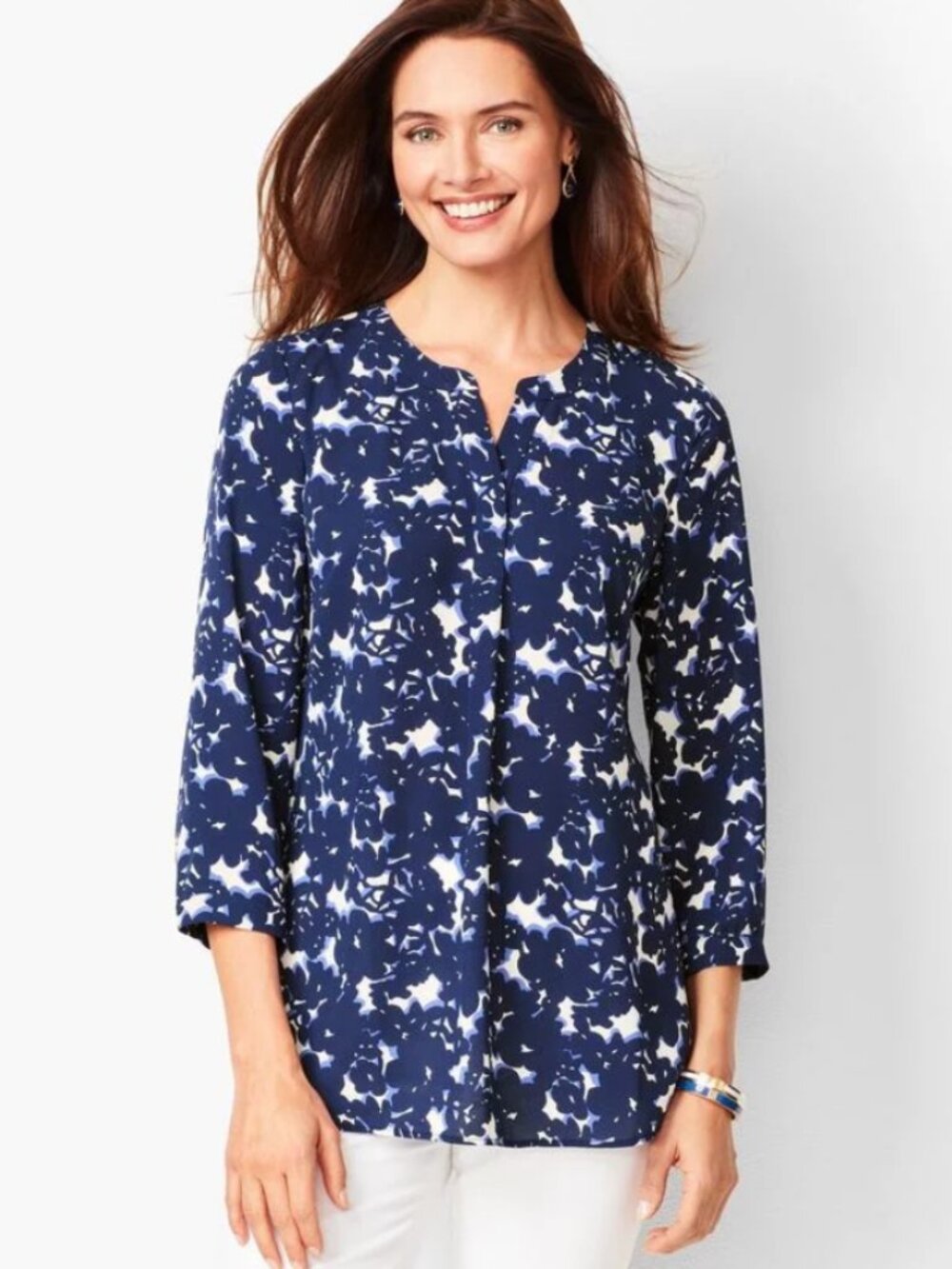 Talbots Banded Collar Popover Navy White LP